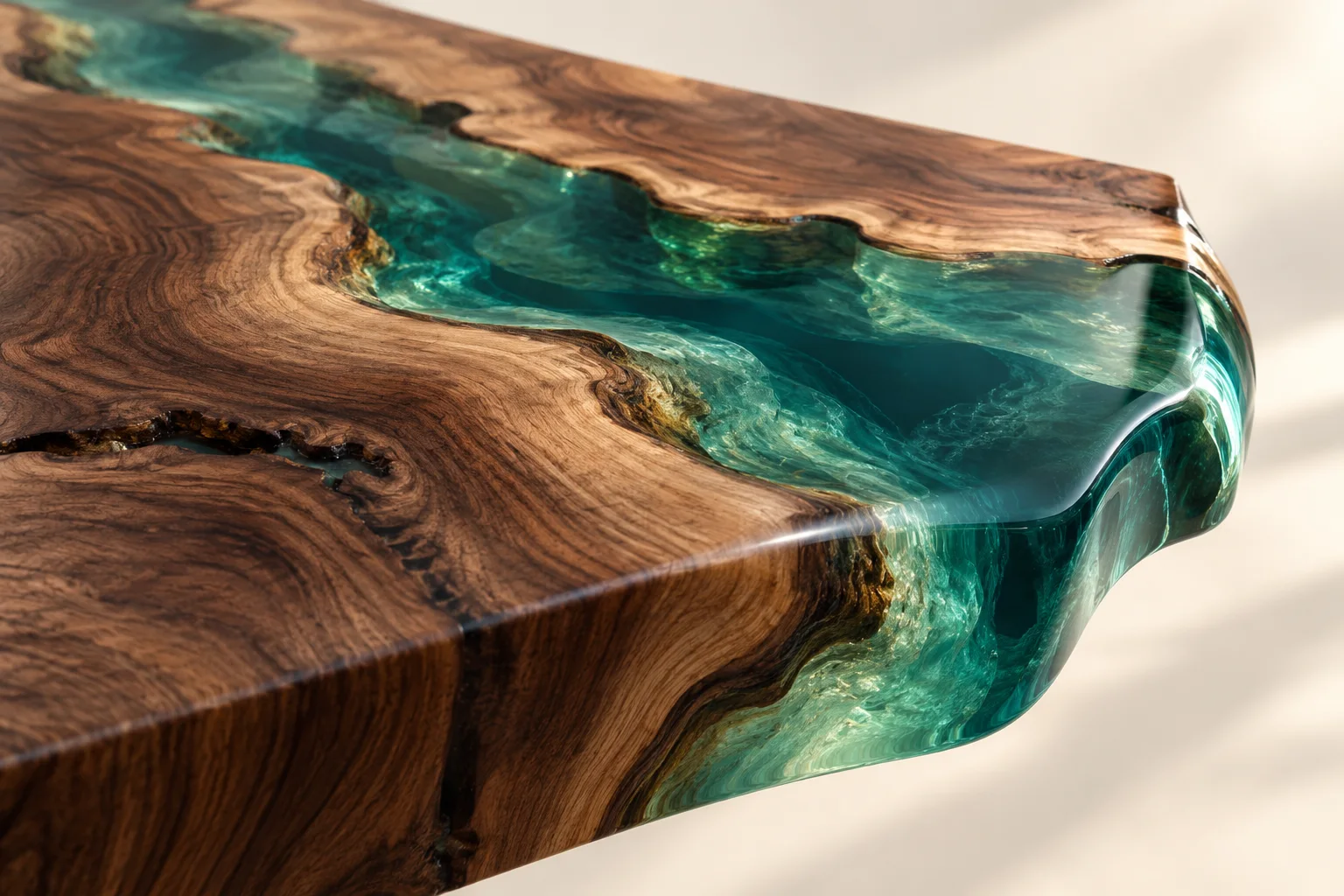 Concept illustration of a translucent teal resin river through walnut wood